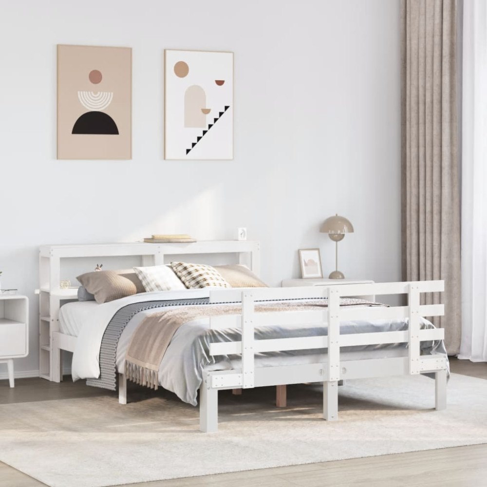vidaXL Sängram med huvudgavel vit 120x190 cm massiv furu