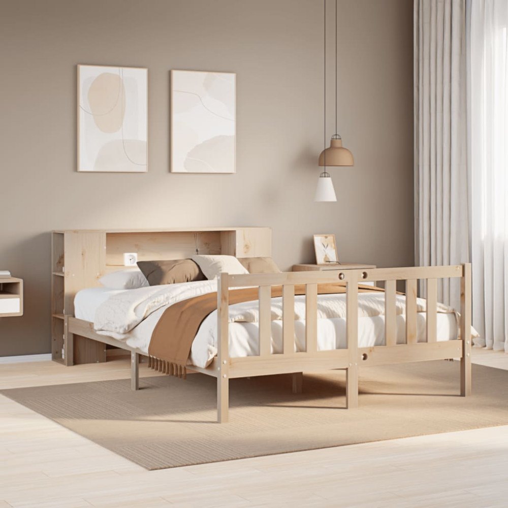 vidaXL Säng med bokhylla utan madrass 135x190cm massiv furu
