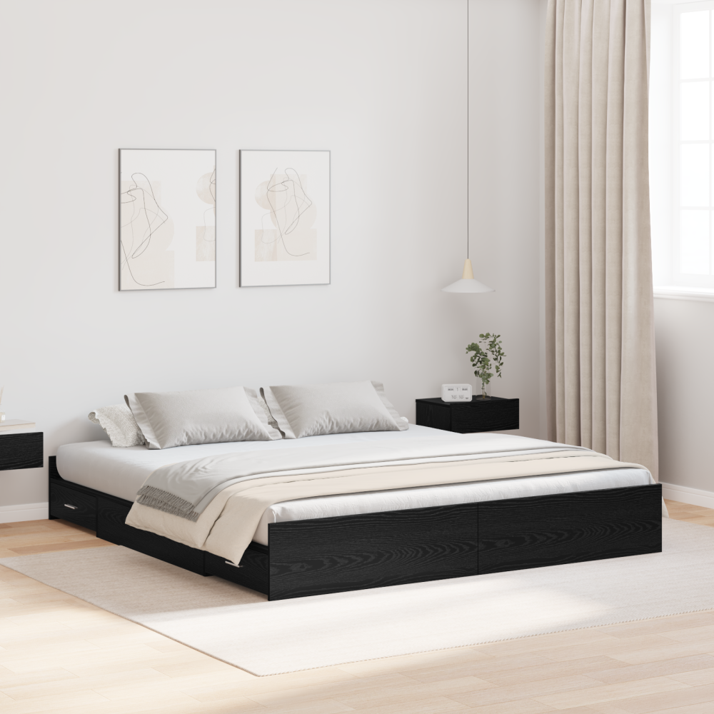 vidaXL Förvaringssängram Svart Ek 200 x 200 cm Konstruerat trä