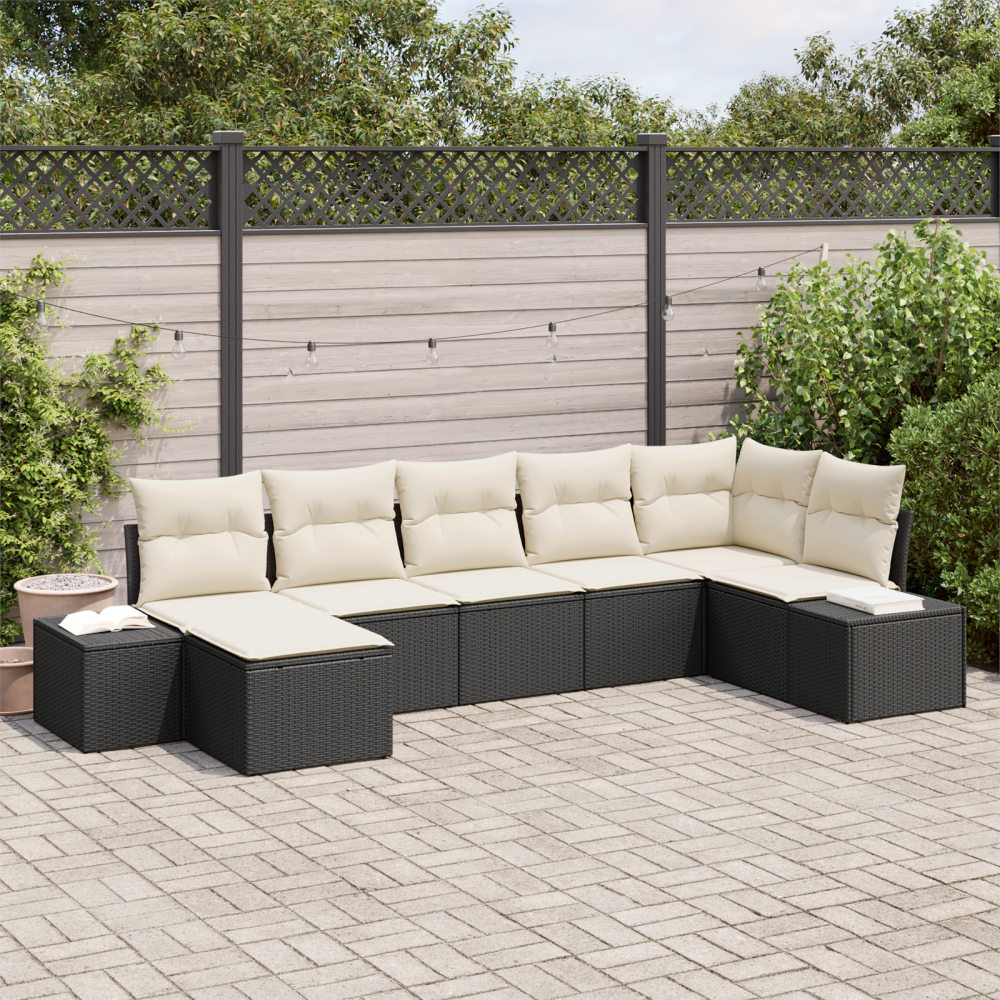 vidaXL Trädgårdsoffset med kudde 7 pcs Svart PE Rattan