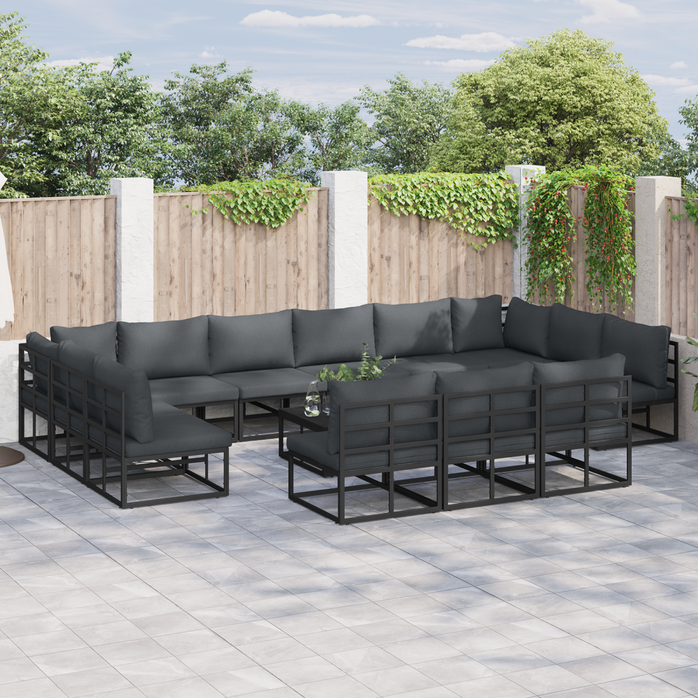 vidaXL Trädgårdsoffset med kudde med kudde 14 pcs Svart Aluminium