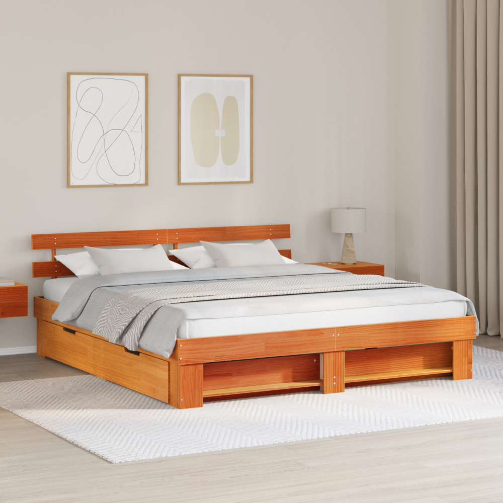 vidaXL Sängram med huvudgavel Vaxbrun 200 x 200 cm Massiv furu