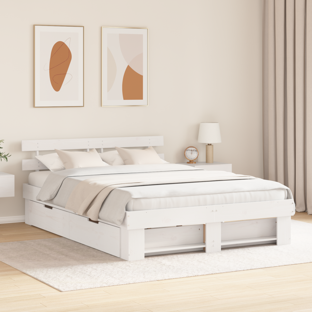 vidaXL Sängram med huvudgavel med låda Vit 150 x 200 cm Massiv furu