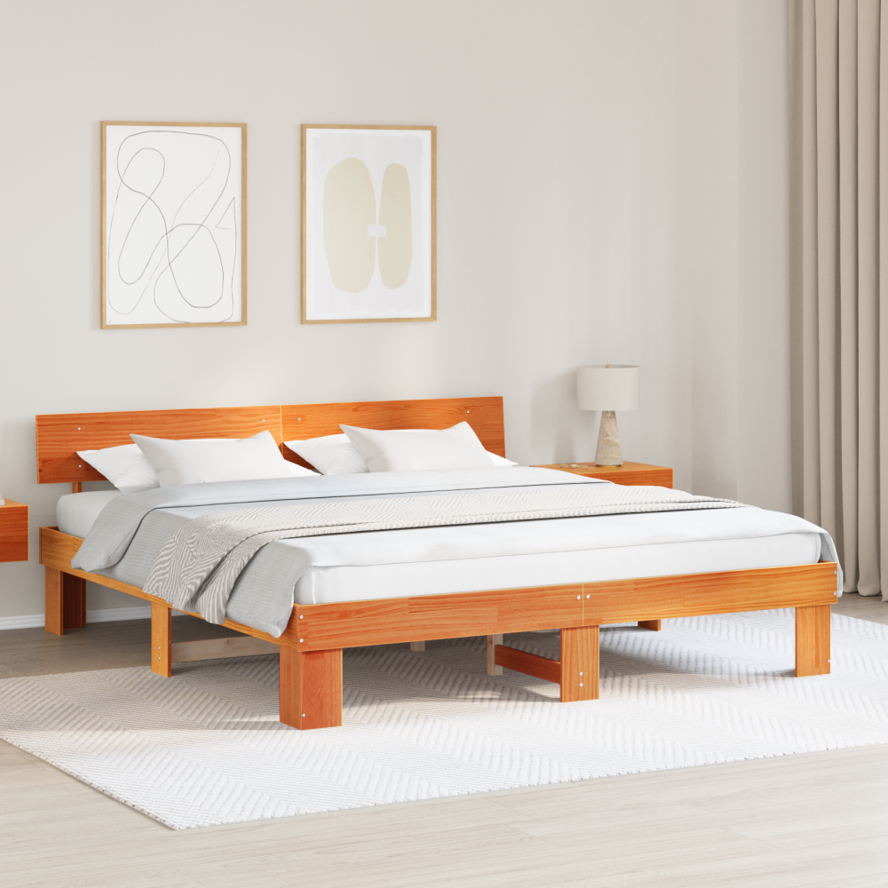 vidaXL Sängram med huvudgavel Vaxbrun 200 x 200 cm Massiv furu