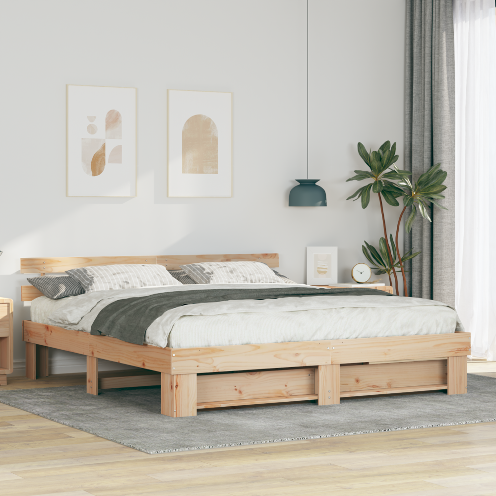 vidaXL Sängram med huvudgavel Brun 200 x 200 cm Massiv furu