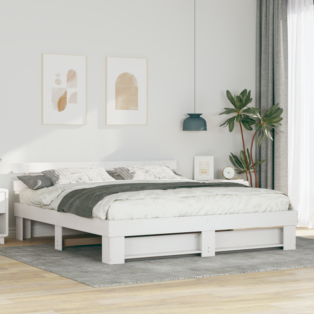 vidaXL Sängram med huvudgavel Vit 200 x 200 cm Massiv furu