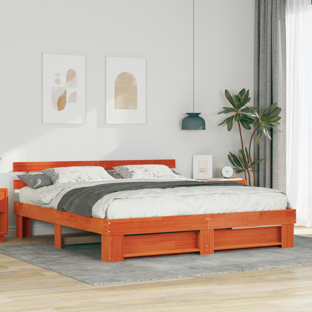 vidaXL Sängram med huvudgavel Brun 200 x 200 cm Massiv furu