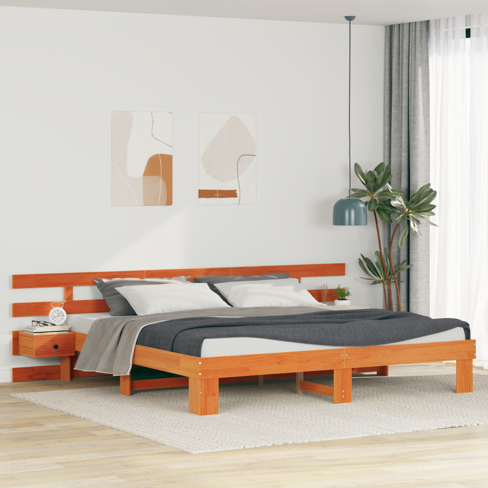 vidaXL Sängram med huvudgavel Brun 200 x 200 cm Massiv furu