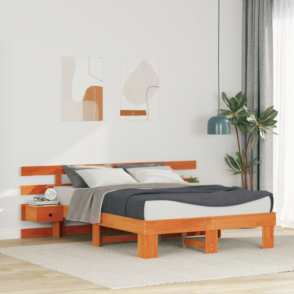 vidaXL Sängram med huvudgavel Brun 140 x 190 cm Massiv furu