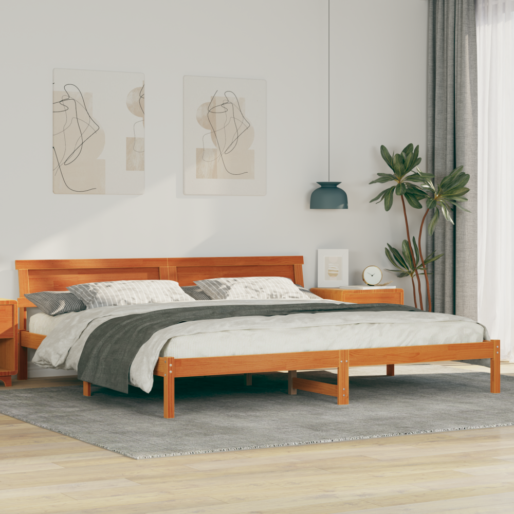 vidaXL Sängram med huvudgavel Vaxbrun 200 x 200 cm Massiv furu