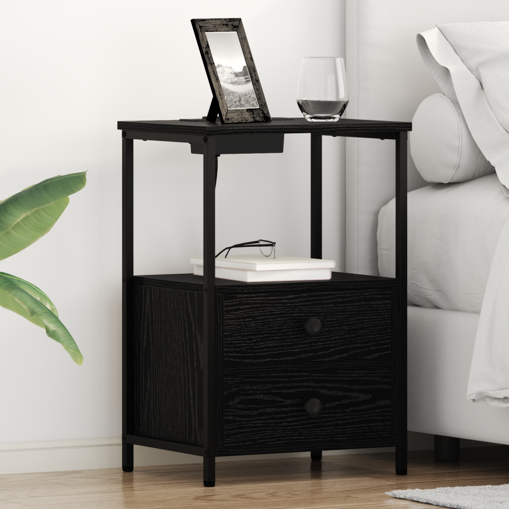 vidaXL Sängbord med laddningsstation 2 pcs Svart ek Konstruerat trä