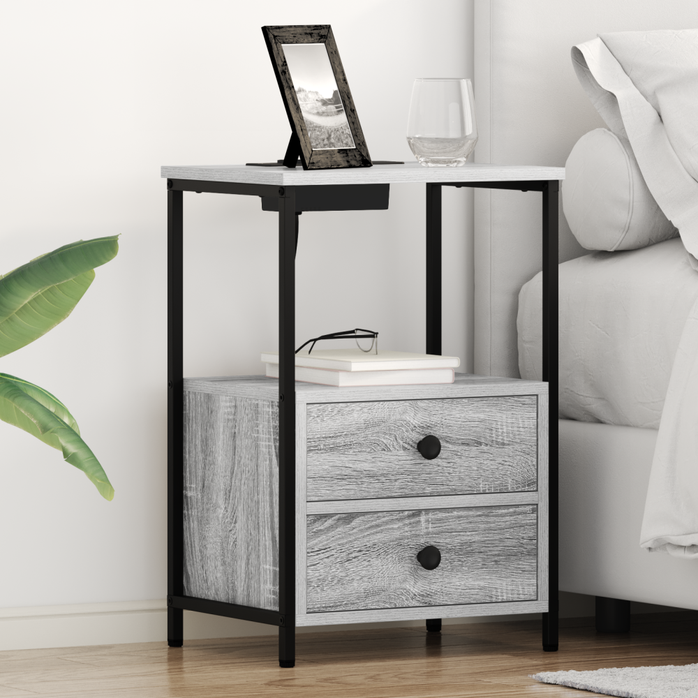 vidaXL Sängbord med laddningsstation 2 pcs Grå sonoma Konstruerat trä