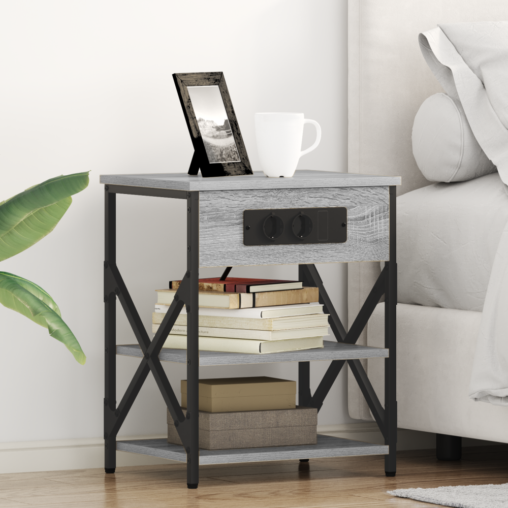 vidaXL Sängbord med laddningsstation 2 pcs Grå sonoma Konstruerat trä