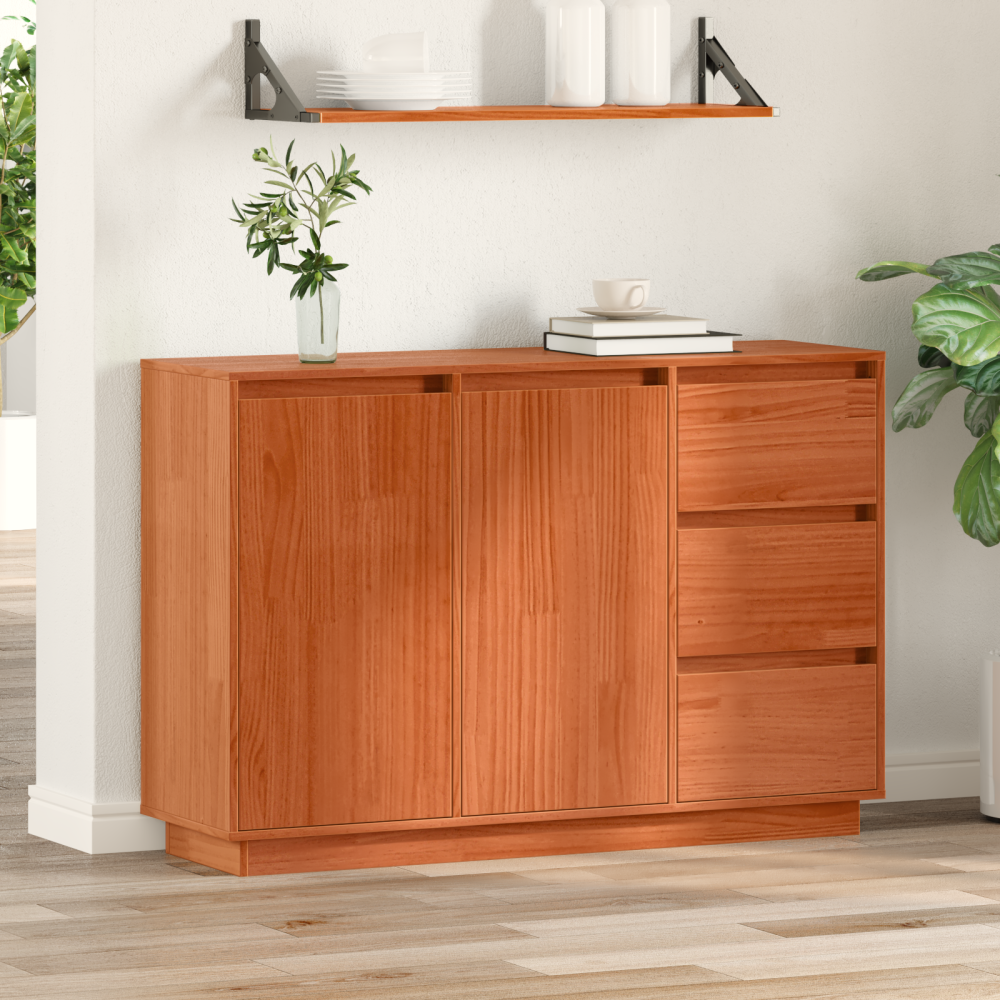 vidaXL Sideboard med låda med lagring med dörr Brun 111 x 34 x 75 cm Massivt tallträ