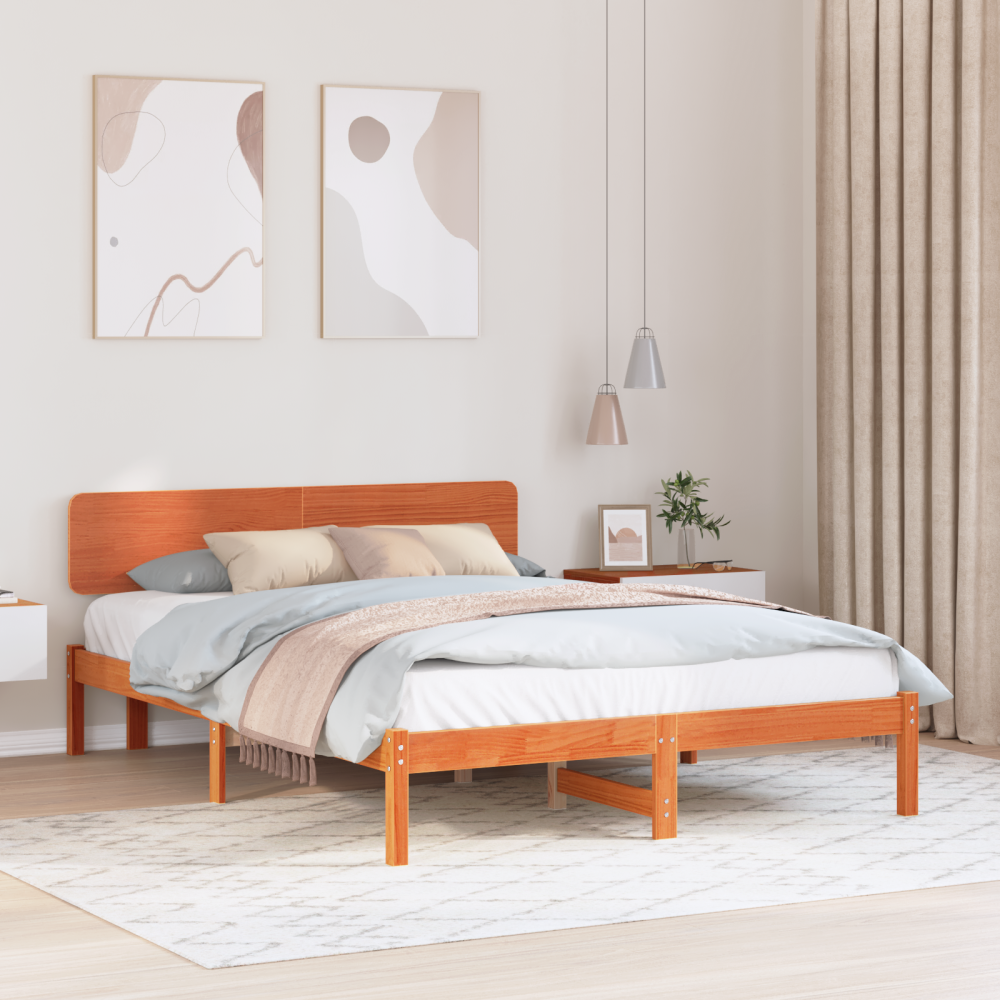 vidaXL Sängram med huvudgavel Vaxbrun 160 x 200 cm Massiv furu