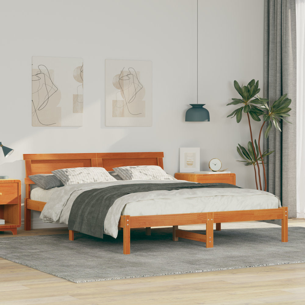 vidaXL Sängram med huvudgavel Vaxbrun 160 x 200 cm Massiv furu