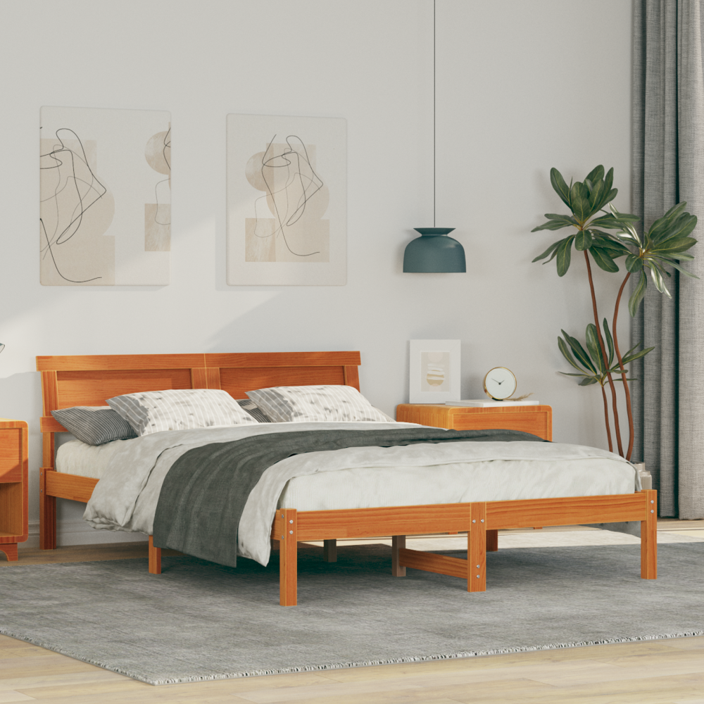 vidaXL Sängram med huvudgavel Vaxbrun 120 x 200 cm Massiv furu
