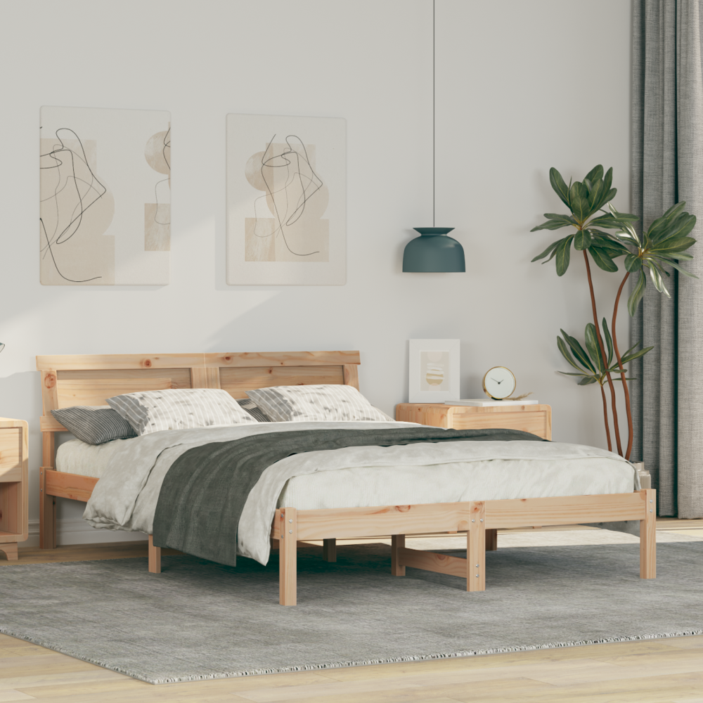 vidaXL Sängram med huvudgavel Brun 135 x 190 cm Massiv furu