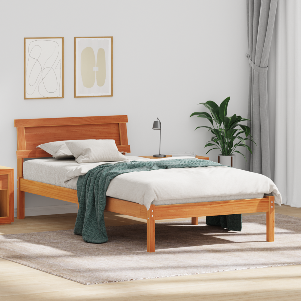 vidaXL Sängram med huvudgavel Vaxbrun 90 x 190 cm Massiv furu