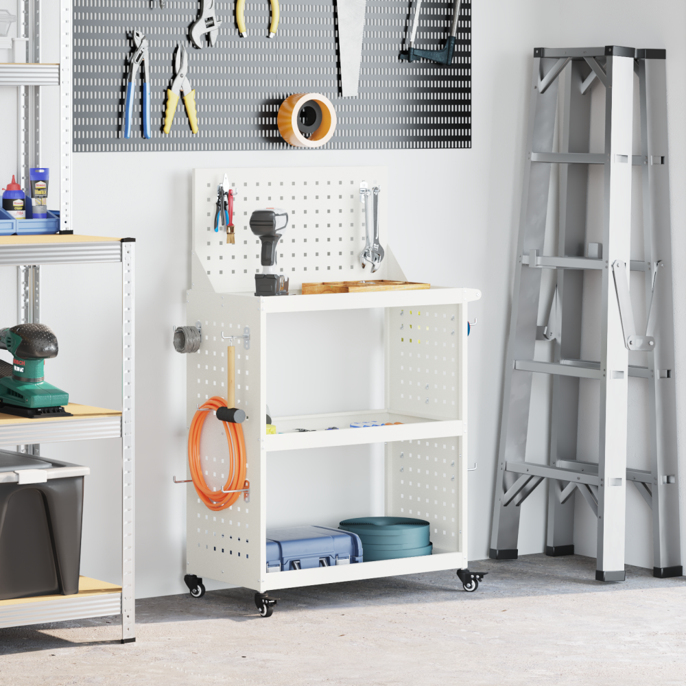 vidaXL Verktygsvagn med hylla med hjul med lagring Vit 65 x 35 x 111 cm Metall