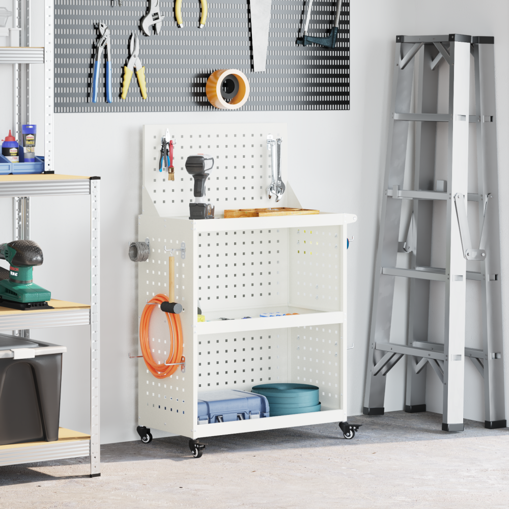 vidaXL Verktygsvagn med hylla med hjul med lagring Vit 65 x 35 x 111 cm Metall