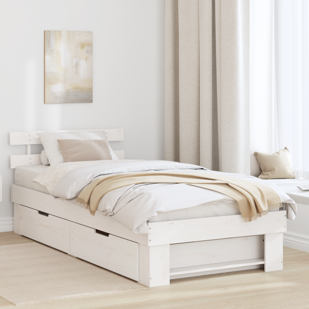 vidaXL Sängram med huvudgavel med låda Vit 75 x 190 cm Massiv furu