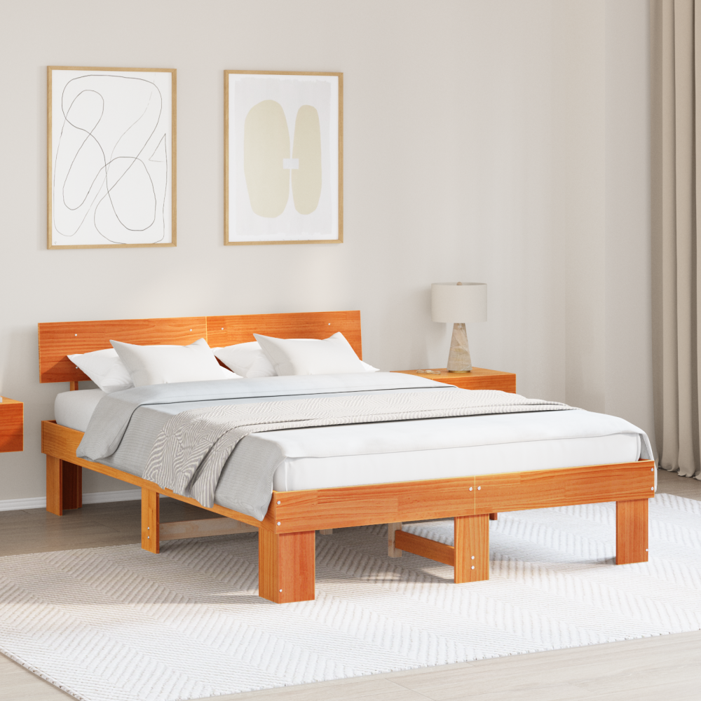 vidaXL Sängram med huvudgavel Vaxbrun 160 x 200 cm Massiv furu