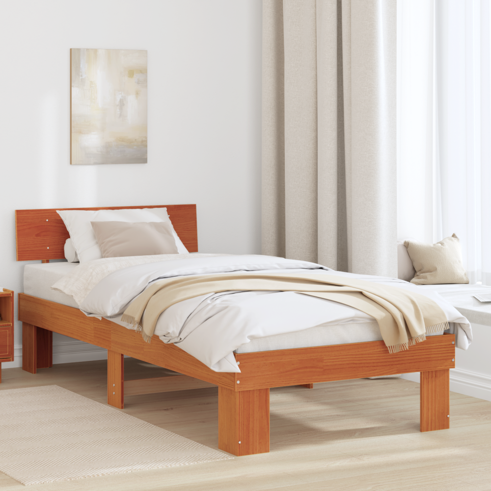vidaXL Sängram med huvudgavel Vaxbrun 75 x 190 cm Massiv furu