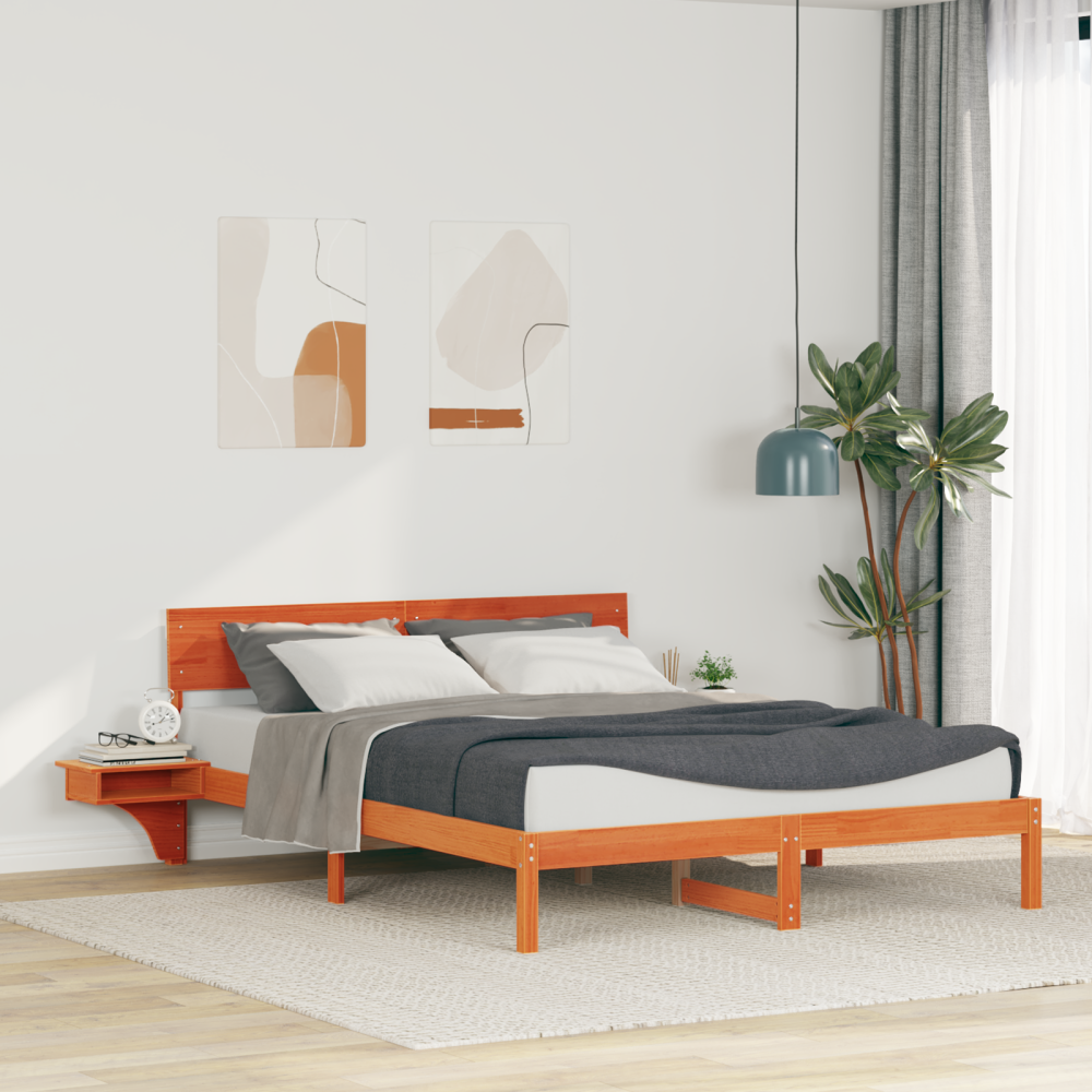 vidaXL Sängram med huvudgavel Vaxbrun 160 x 200 cm Massiv furu