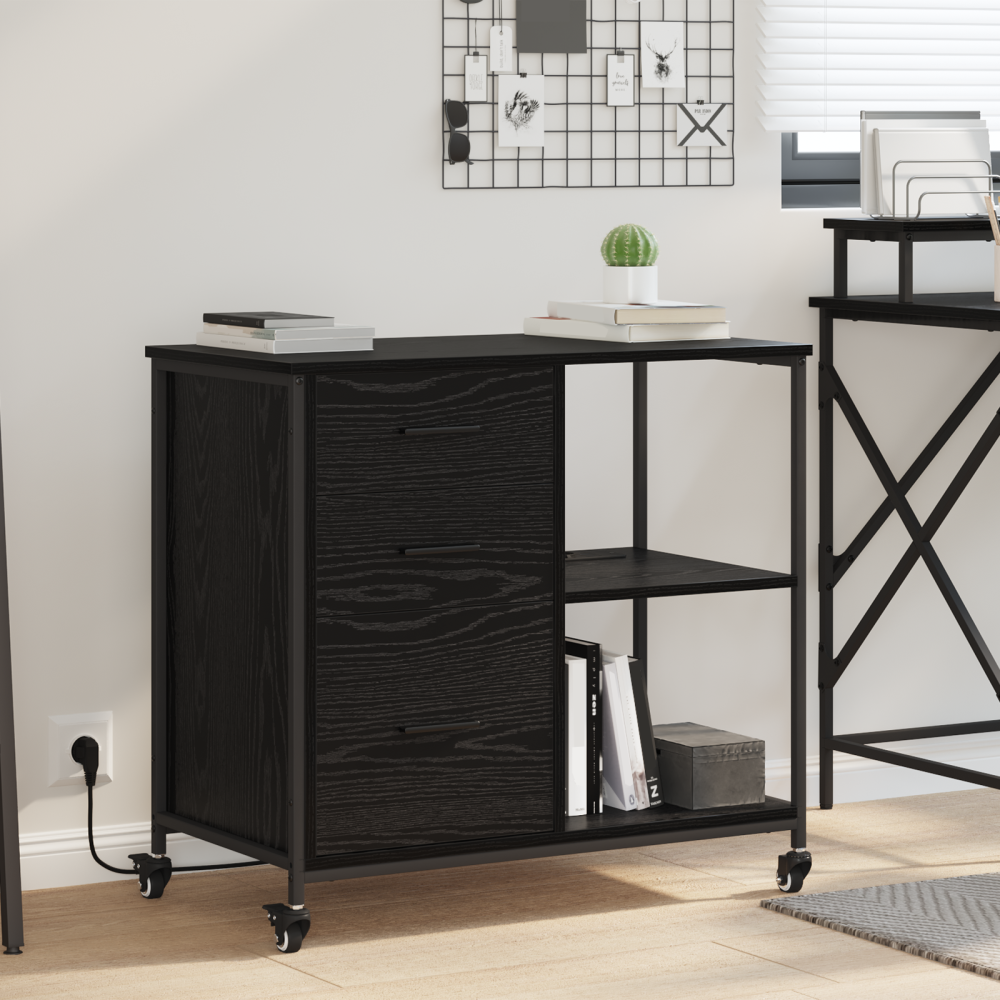 vidaXL Kontorsskåp med hjul Svart ek 76 x 41 x 72 cm Konstruerat trä