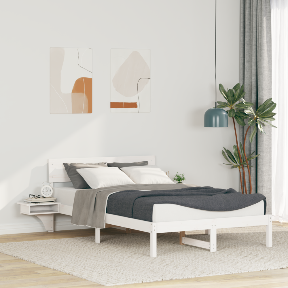 vidaXL Sängram med huvudgavel Vit 135 x 190 cm Massiv furu