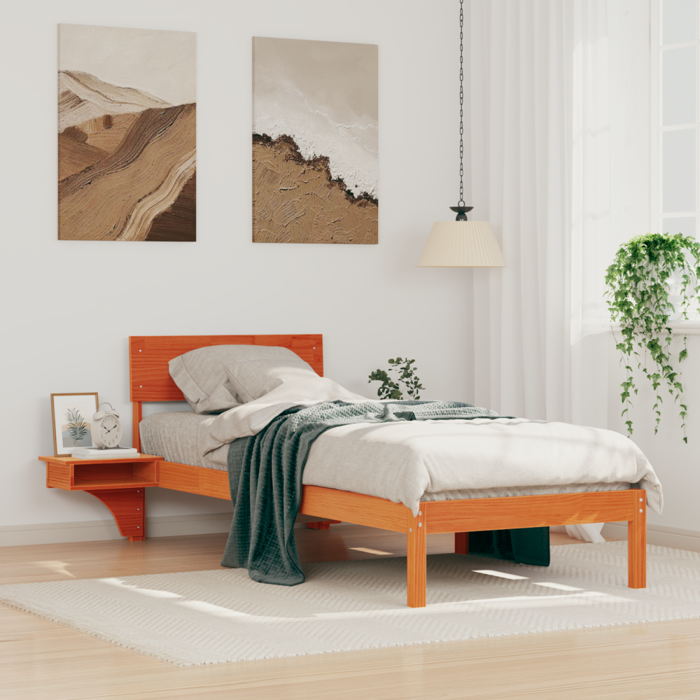 vidaXL Sängram med huvudgavel Vaxbrun 75 x 190 cm Massiv furu