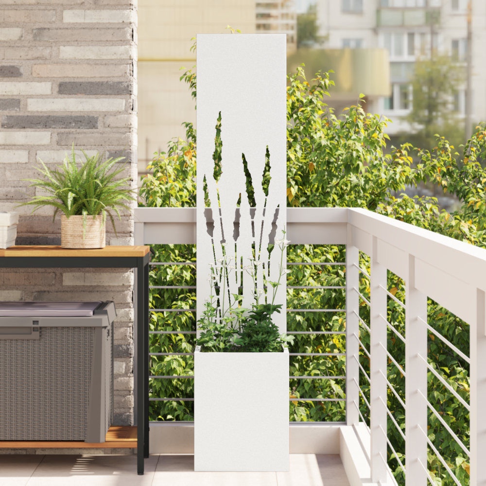 vidaXL Trädgårdsplanterare med dekorativ panel Vit 32 x 140 cm