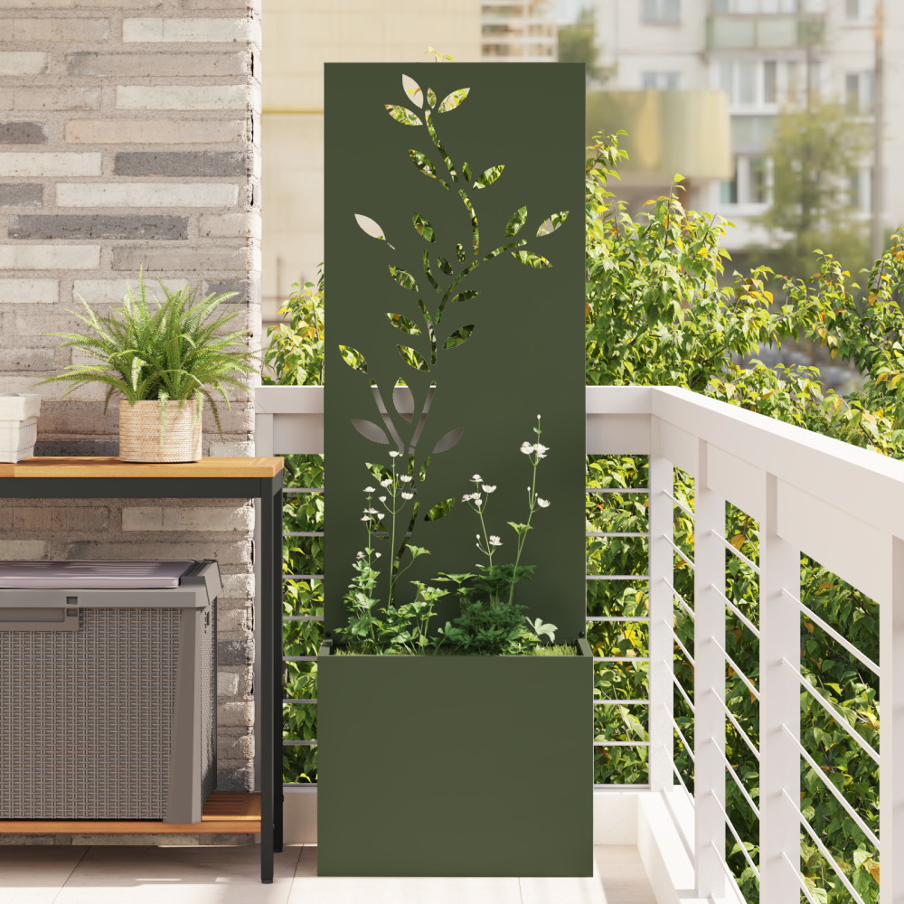 vidaXL Trädgårdsplanterare med dekorativ panel Olivgrön 50 x 140 cm