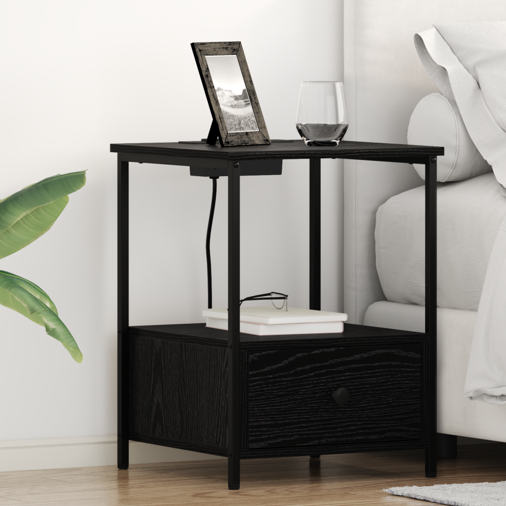 vidaXL Sängbord med laddningsstation 2 pcs Svart ek Konstruerat trä