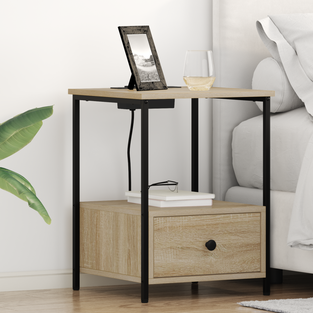 vidaXL Sängbord med laddningsstation 2 pcs Sonoma ek Konstruerat trä