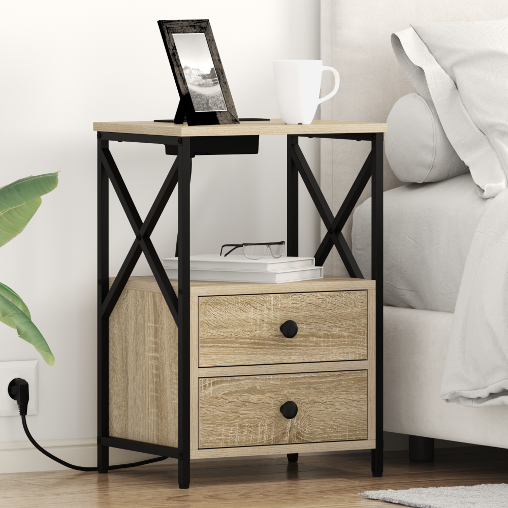 vidaXL Sängbord med laddningsstation 2 pcs Sonoma ek Konstruerat trä