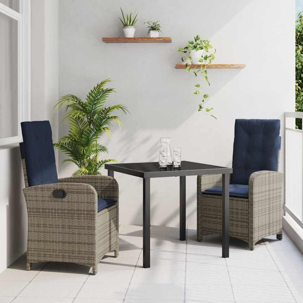 vidaXL 3-delat Middagsset för Trädgården med Kuddar - Grå Poly Rattan