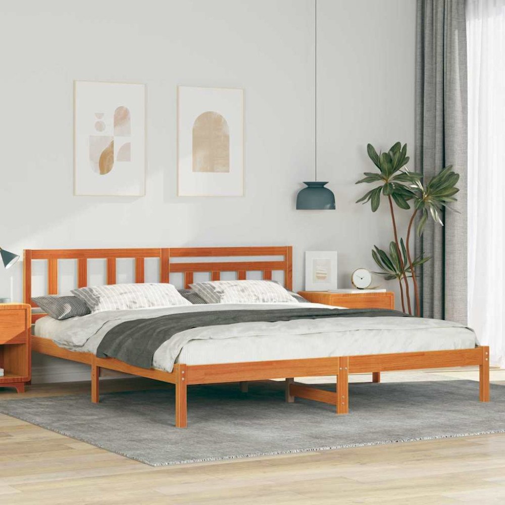 vidaXL Sängram med huvudgavel Vaxbrun 200 x 200 cm Massiv furu