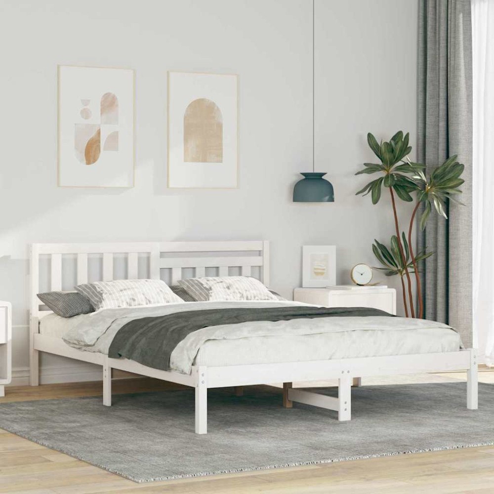 vidaXL Sängram med huvudgavel Vit 160 x 200 cm Massiv furu