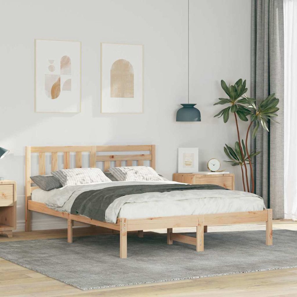 vidaXL Sängram med huvudgavel Brun 135 x 190 cm Massiv furu