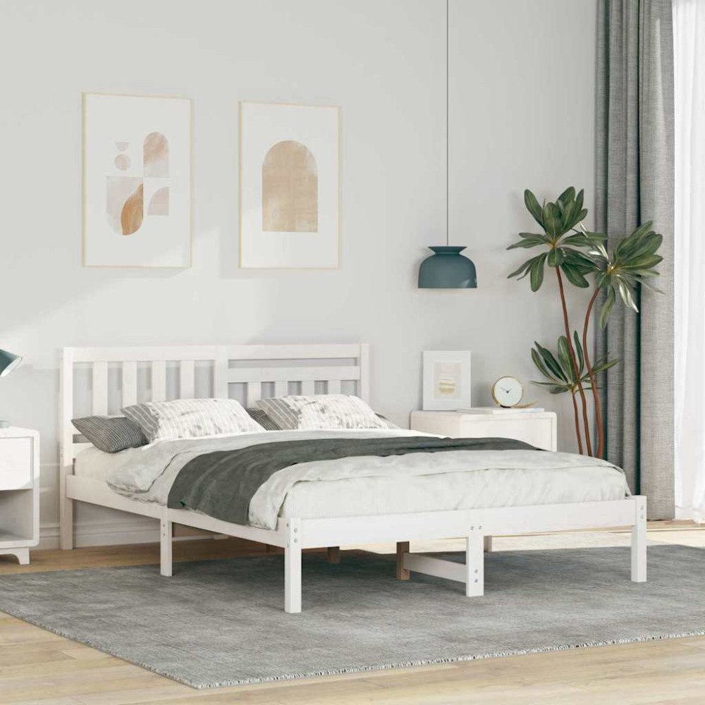 vidaXL Sängram med huvudgavel Vit 135 x 190 cm Massiv furu