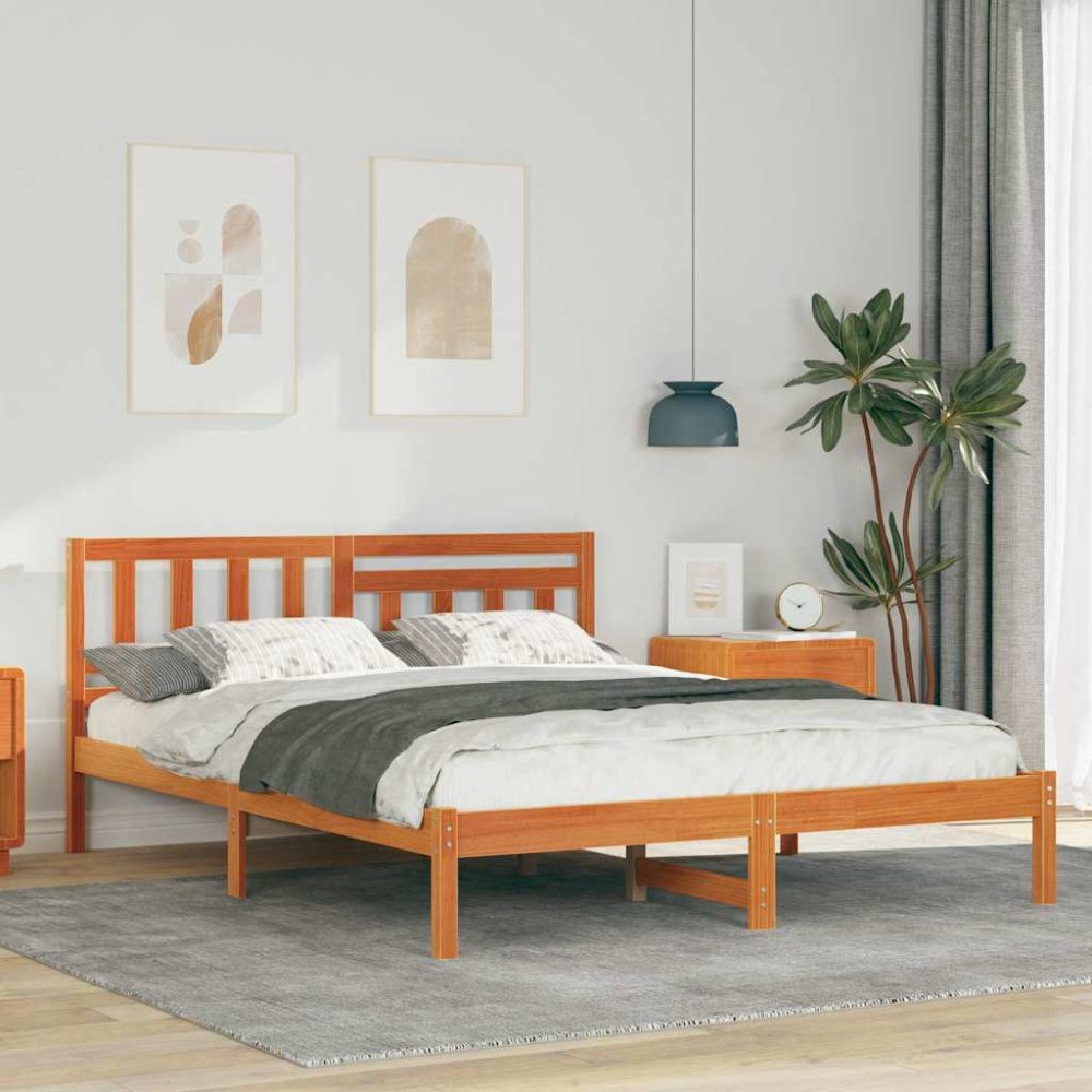 vidaXL Sängram med huvudgavel Vaxbrun 135 x 190 cm Massiv furu