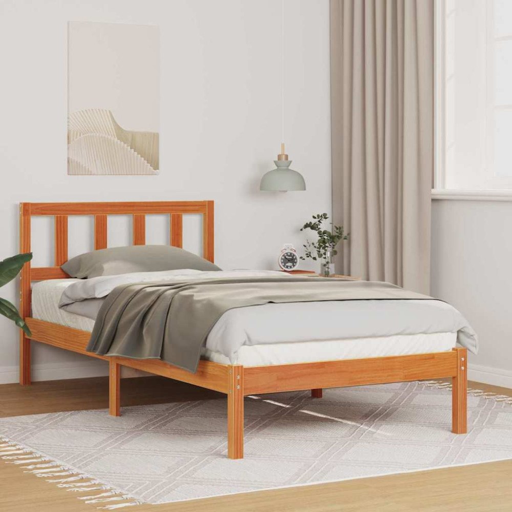 vidaXL Sängram med huvudgavel Vaxbrun 90 x 200 cm Massiv furu