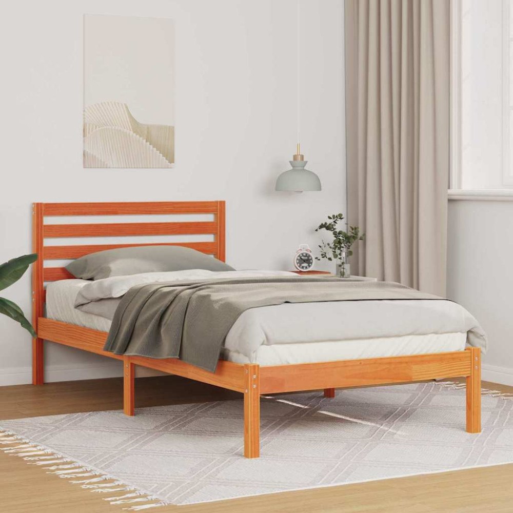 vidaXL Sängram med huvudgavel Vaxbrun 75 x 190 cm Massiv furu