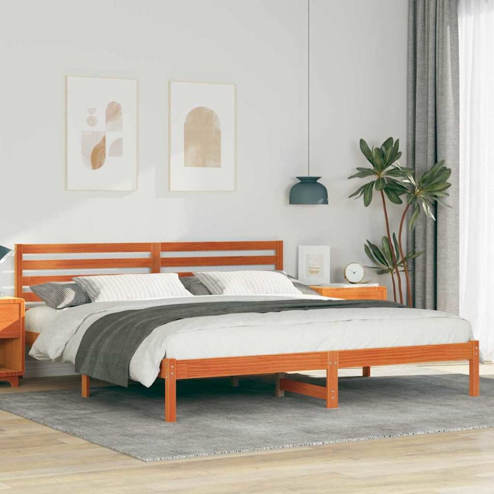 vidaXL Sängram med huvudgavel Vaxbrun 200 x 200 cm Massiv furu
