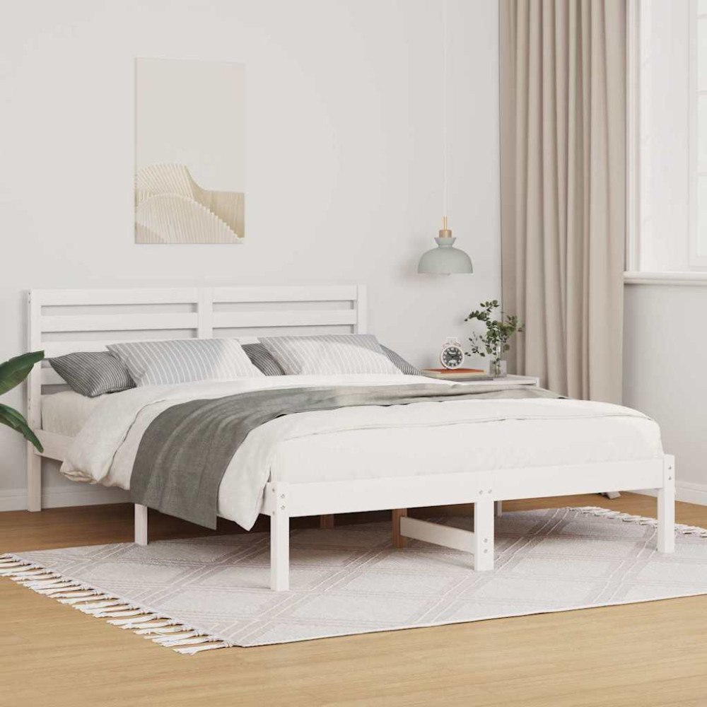 vidaXL Sängram med huvudgavel Vit 135 x 190 cm Massiv furu