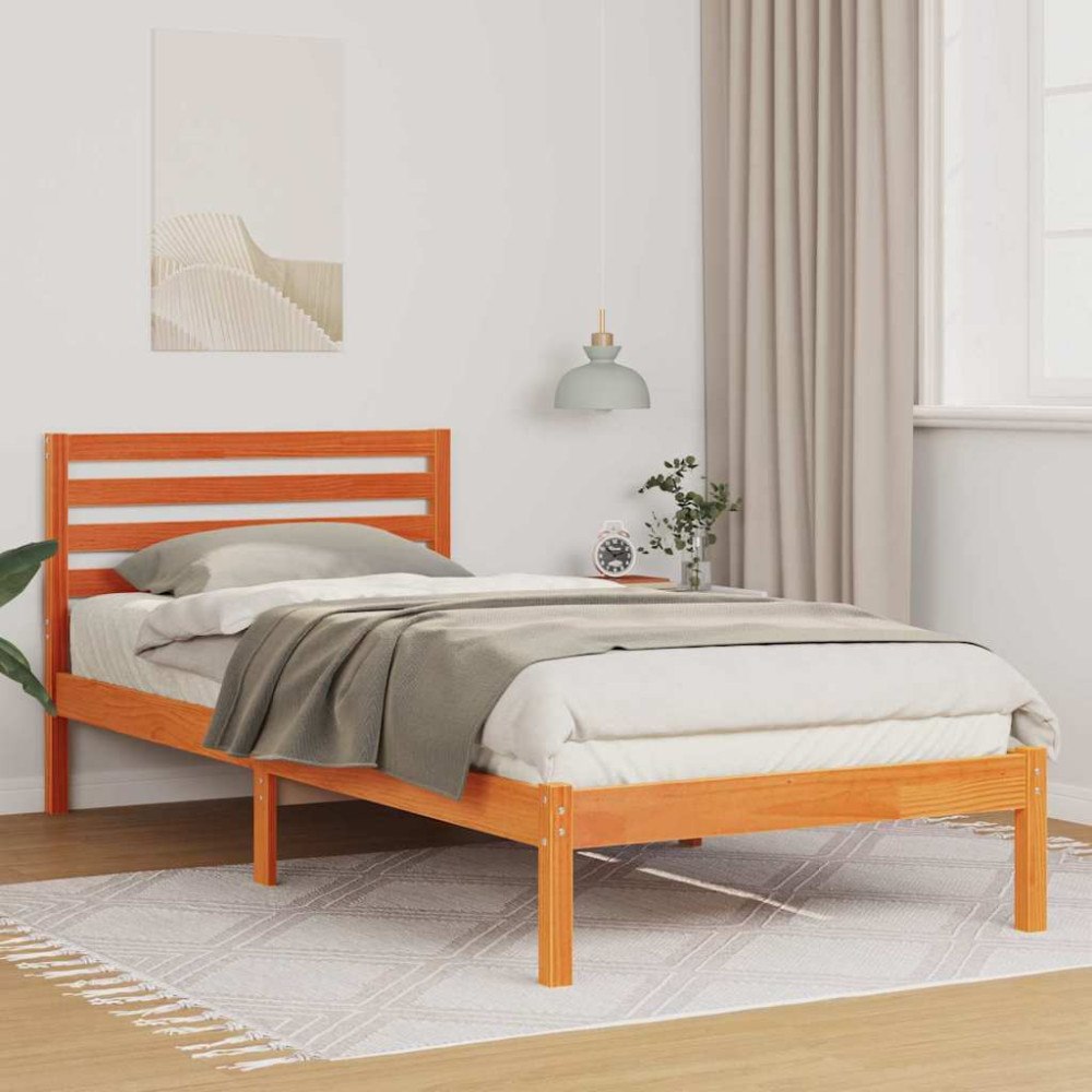 vidaXL Sängram med huvudgavel Vaxbrun 100 x 220 cm Massiv furu