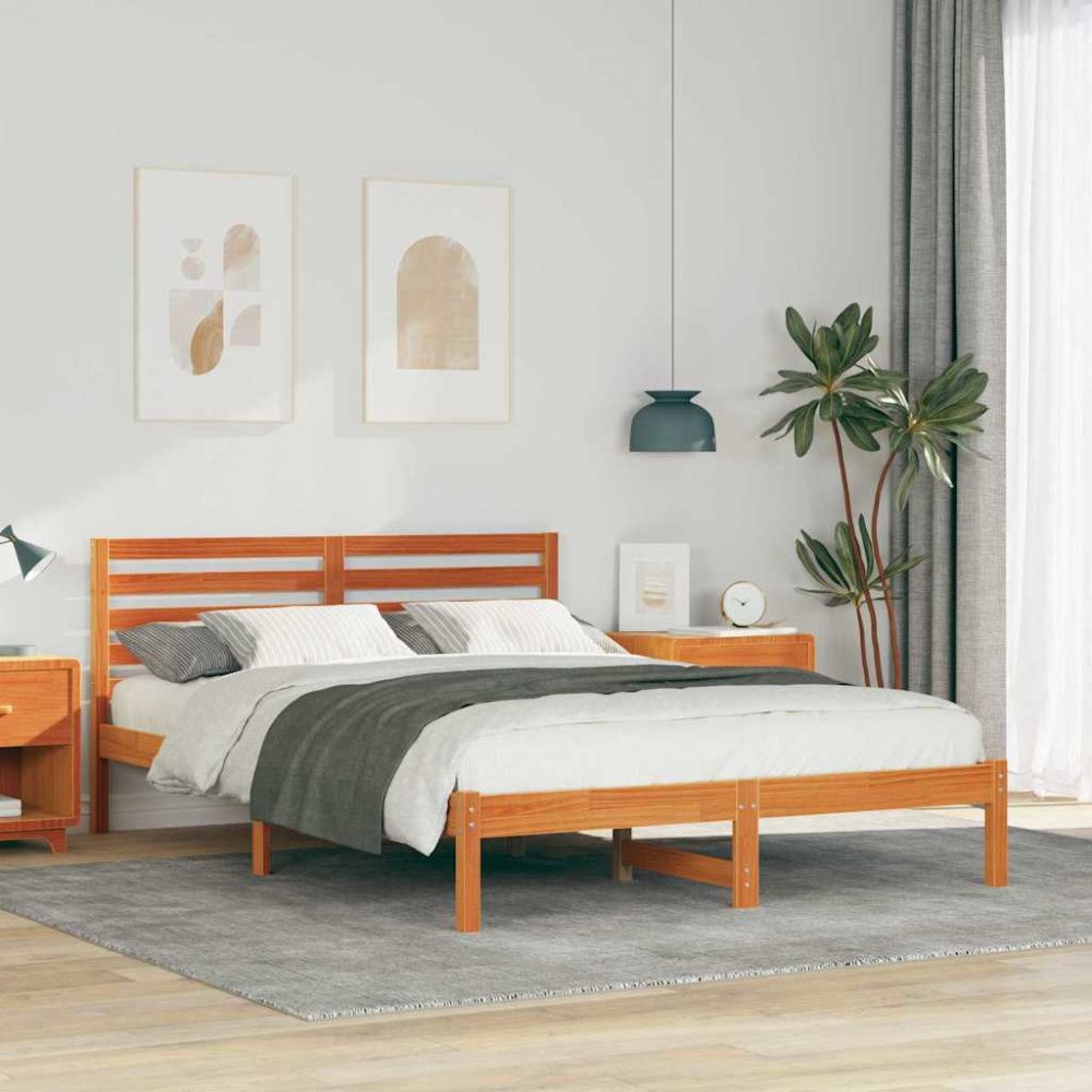 vidaXL Sängram med huvudgavel Vaxbrun 140 x 220 cm Massiv furu