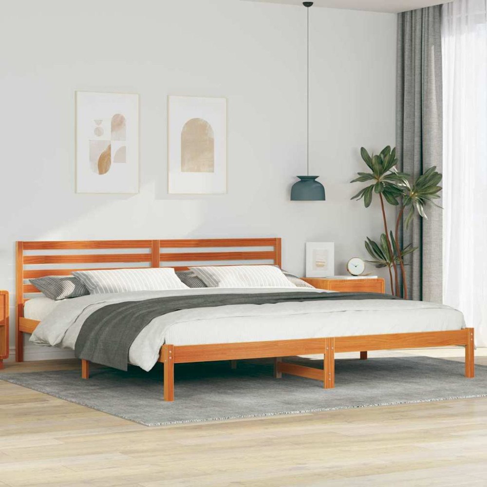 vidaXL Sängram med huvudgavel Vaxbrun 200 x 220 cm Massiv furu